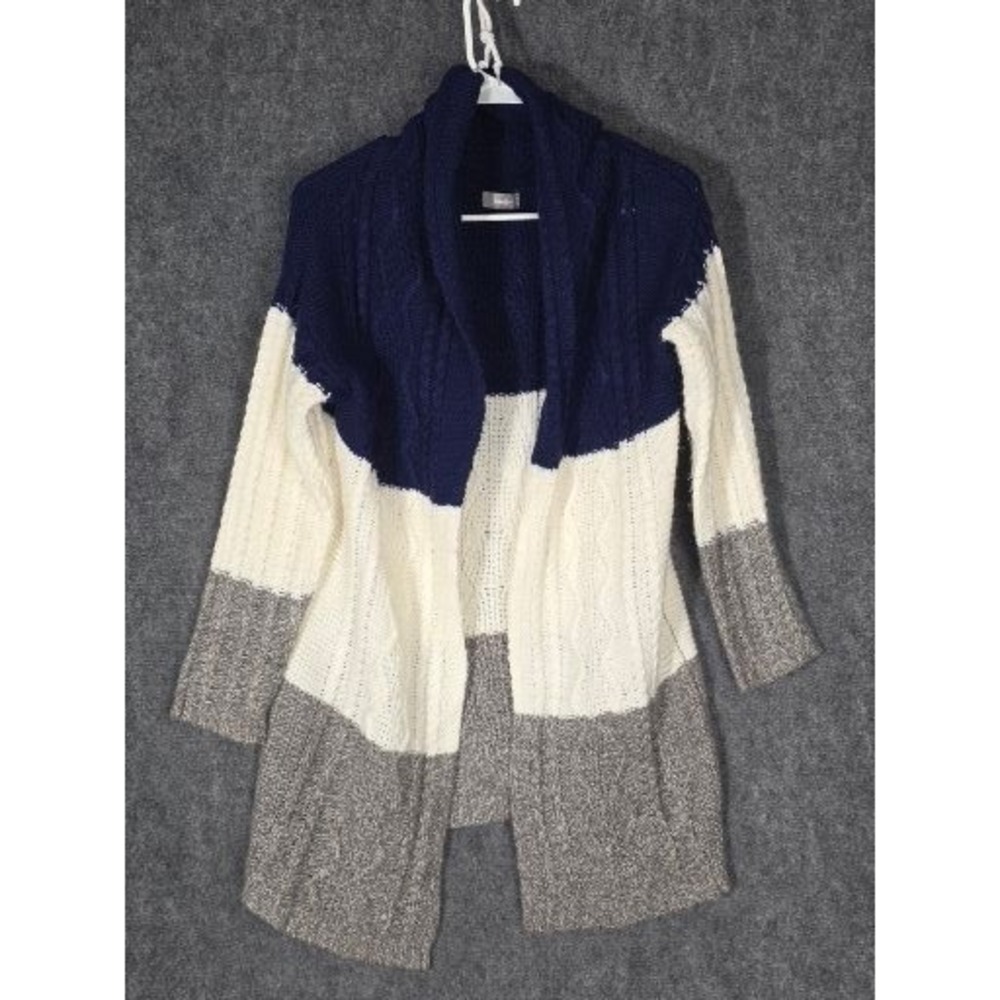 Chunky Knit Colorblock Cardigan Navy Cream Grey Cable Knit Sweater Womens Size S